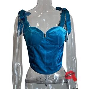 Bebe Corset Crop Top Women‎ Size 4 Blue Velvet Satin Ribbon Tie Up Y2K